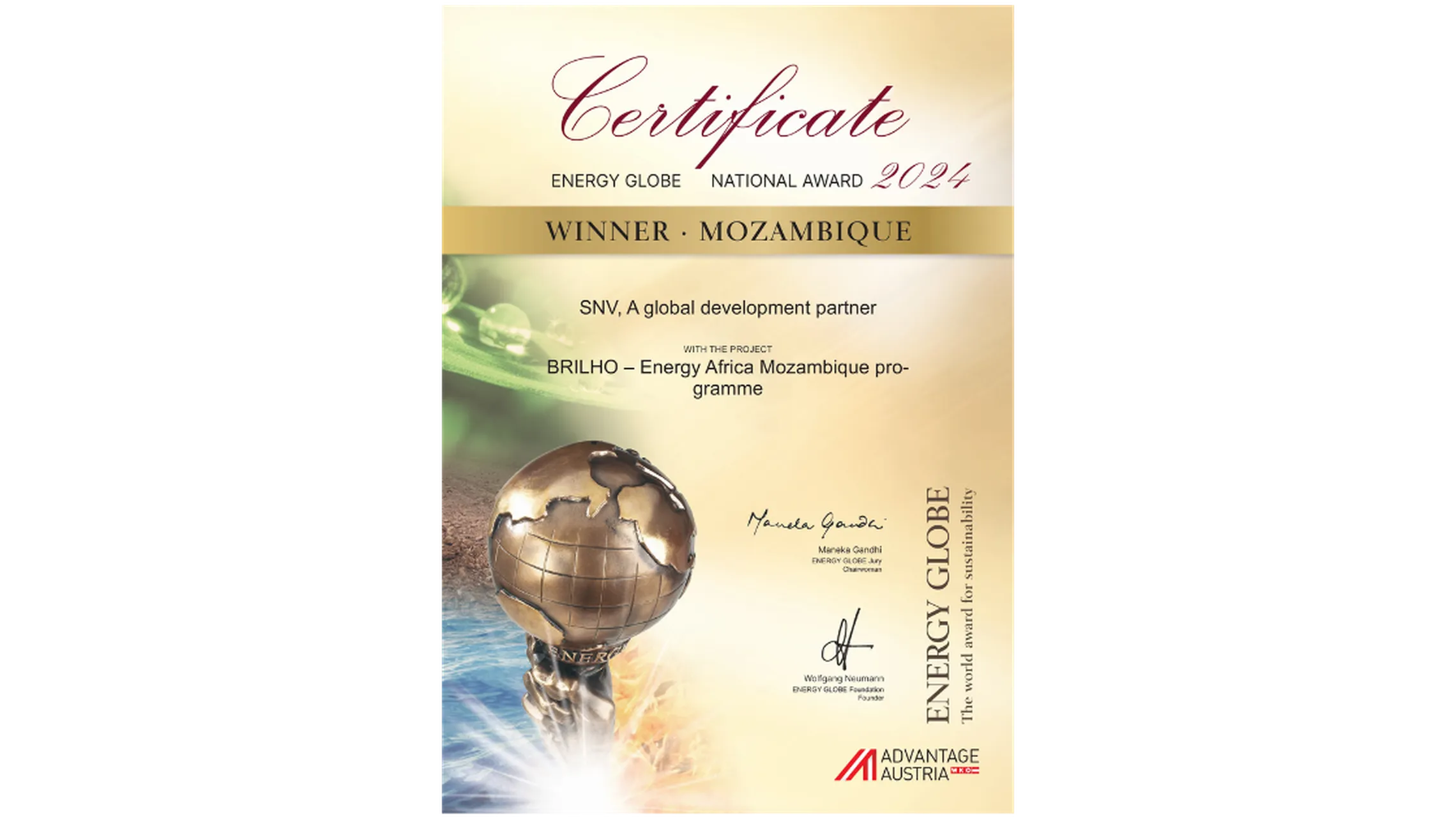 Certificate from the Global Energy Awards 2024, awarded to Brilho in Mozambique