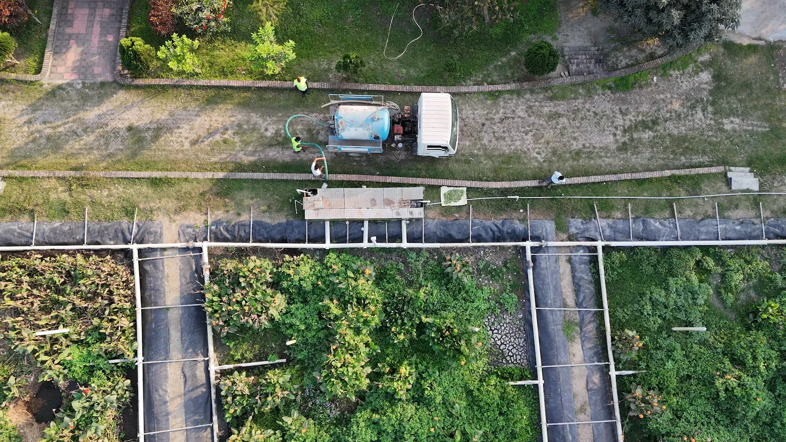 Aerial view of workers near a blue tank truck on a dirt path, surrounded by green plants and garden plots with white fencing structures.