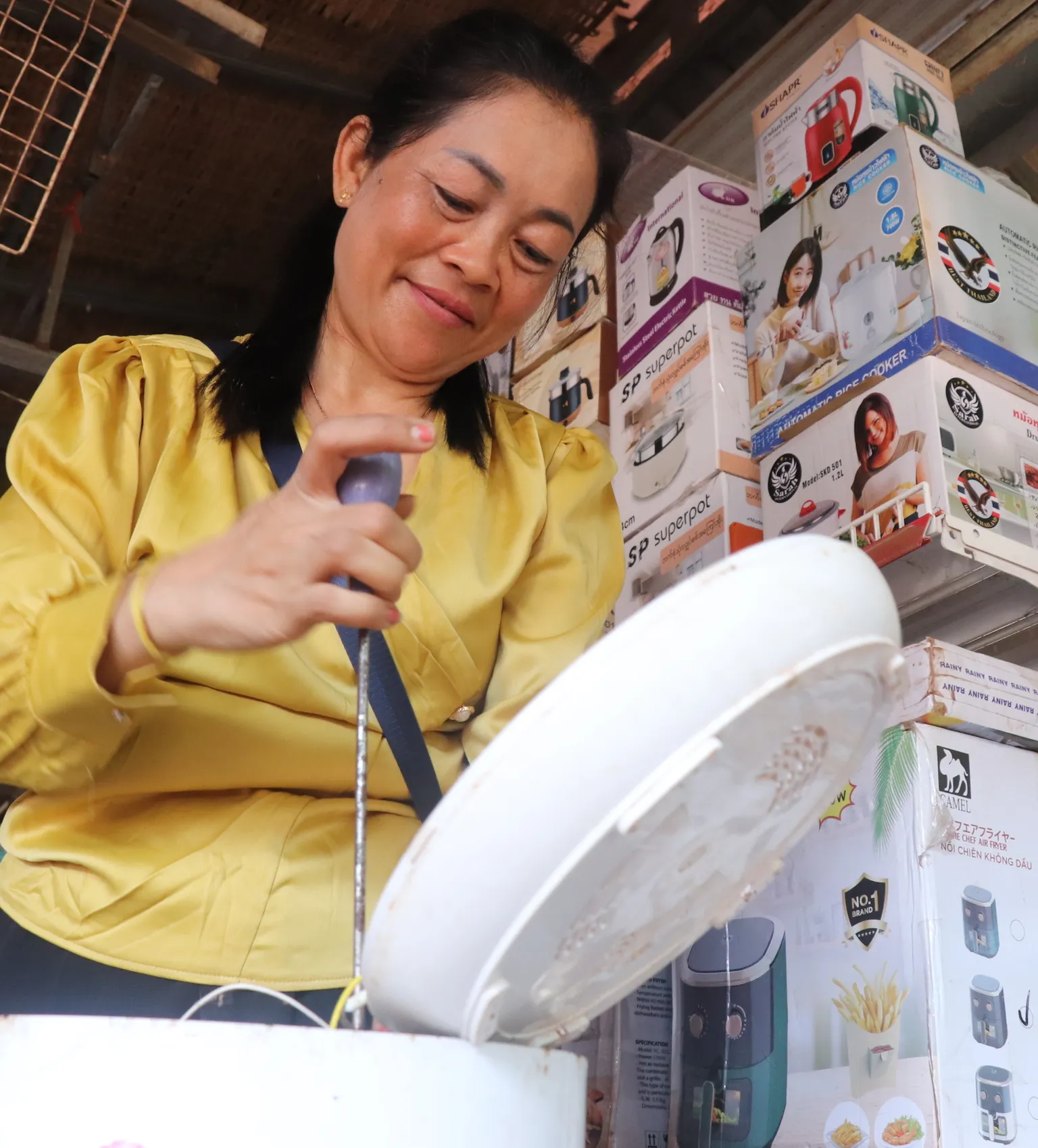 A woman repairing an electric cooker