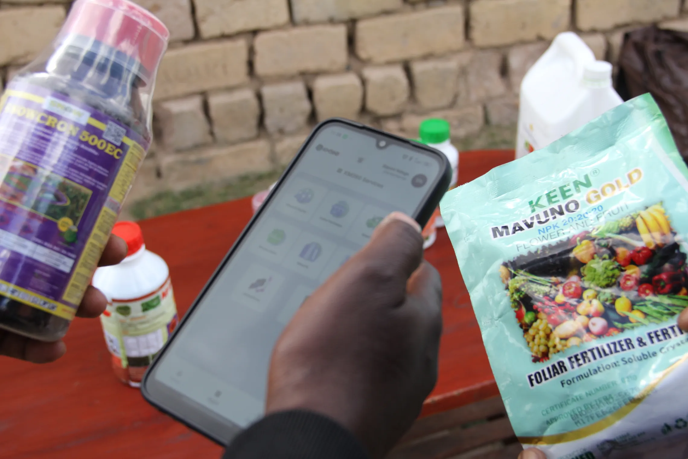 Hands holding a smartphone displaying an app, a pesticide bottle, and a fertilizer package labeled "Keen Mavuno Gold." Brick wall in the background.