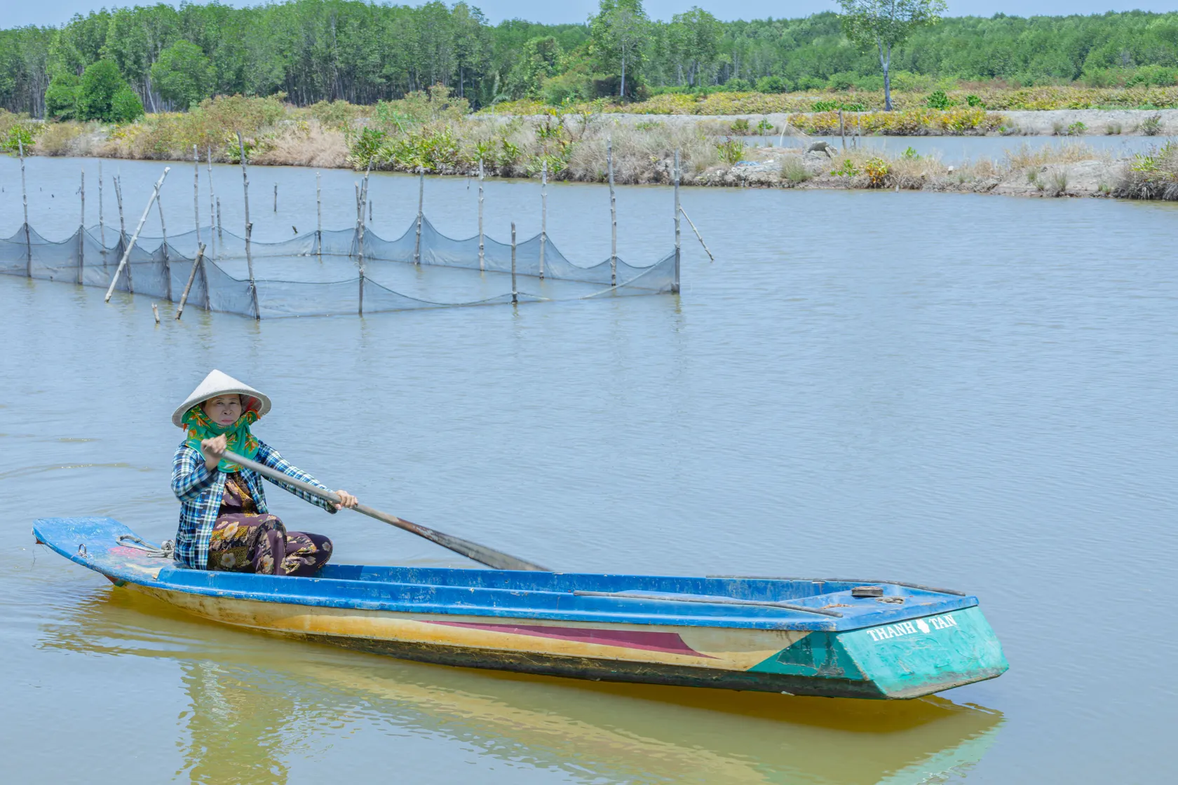 camimex vietnam - Person in a conical hat rowing a blue boat on a calm river, with nets and lush greenery in the background.